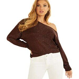 Small GUESS Long Sleeve Catrina Off The Shoulder Lurex Cord Sweater